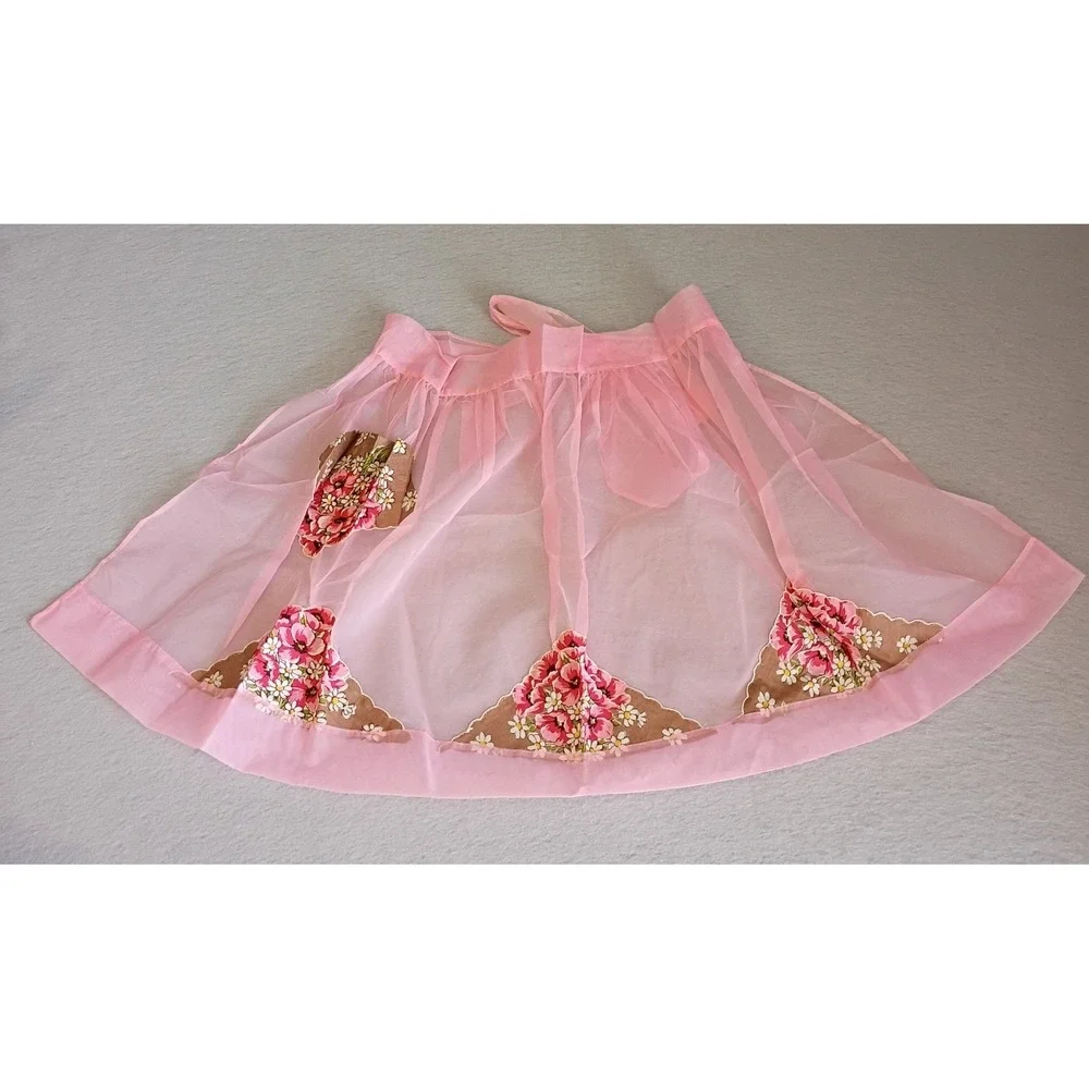 Vintage Handmade Half Apron Sheer Pink Floral Shabby‎ Chic Cottagecore Cute
